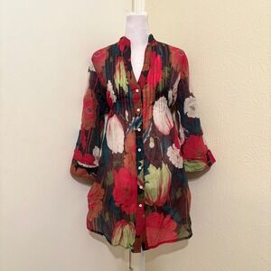 Floral Poppy Sheer Woven Button Up Tie Back Tunic Top Red Green Boho Whimsigoth
